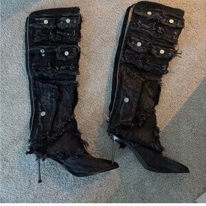 Black Over-the-Knee Stiletto Boots with Distressed Paneling
